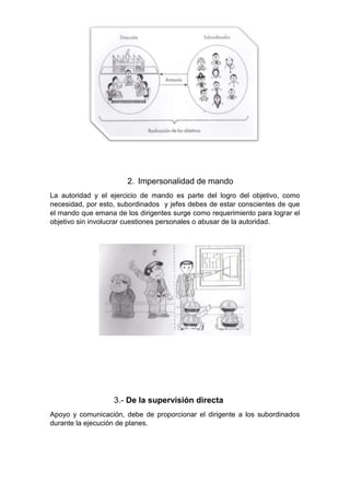 2. Impersonalidad de mando
La autoridad y el ejercicio de mando es parte del logro del objetivo, como
necesidad, por esto, subordinados y jefes debes de estar conscientes de que
el mando que emana de los dirigentes surge como requerimiento para lograr el
objetivo sin involucrar cuestiones personales o abusar de la autoridad.
3.- De la supervisión directa
Apoyo y comunicación, debe de proporcionar el dirigente a los subordinados
durante la ejecución de planes.
 