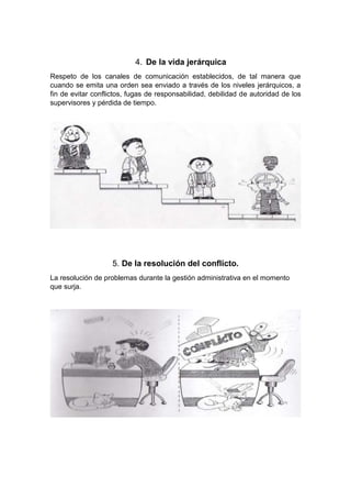 4. De la vida jerárquica
Respeto de los canales de comunicación establecidos, de tal manera que
cuando se emita una orden sea enviado a través de los niveles jerárquicos, a
fin de evitar conflictos, fugas de responsabilidad, debilidad de autoridad de los
supervisores y pérdida de tiempo.
5. De la resolución del conflicto.
La resolución de problemas durante la gestión administrativa en el momento
que surja.
 