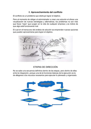 6. Aprovechamiento del conflicto
El conflicto es un problema que obstruye lograr el objetivo.
Pero al momento de obligar al administrador a crear una solución el ofrece una
visualización de nuevas estrategias y alternativas, los problemas no son más
que focos “rojos” que surgen en la vida de cualquier empresa y es indicio de
que algo está funcionando mal.
El cual en el transcurso del análisis de solución se emprenden nuevas opciones
que pueden aprovecharse para lograr el objetivo.
ETAPAS DE DIRECCIÒN
No se sabe una secuencia definitiva dentro de las etapas, pero dentro de ellas
entra la integración, porque una de la funciones básicas de la ejecución es la
de allegarse a los recursos necesarios para ejecutar lo planeado y organizado.
 