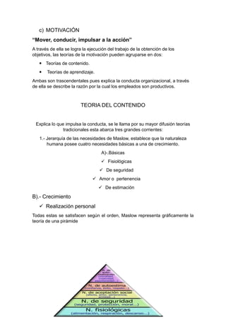 c) MOTIVACIÓN
“Mover, conducir, impulsar a la acción”
A través de ella se logra la ejecución del trabajo de la obtención de los
objetivos, las teorías de la motivación pueden agruparse en dos:
 Teorías de contenido.
 Teorías de aprendizaje.
Ambas son trascendentales pues explica la conducta organizacional, a través
de ella se describe la razón por la cual los empleados son productivos.
TEORIA DEL CONTENIDO
Explica lo que impulsa la conducta, se le llama por su mayor difusión teorías
tradicionales esta abarca tres grandes corrientes:
1.- Jerarquía de las necesidades de Maslow, establece que la naturaleza
humana posee cuatro necesidades básicas a una de crecimiento.
A)-.Básicas
 Fisiológicas
 De seguridad
 Amor o pertenencia
 De estimación
B).- Crecimiento
 Realización personal
Todas estas se satisfacen según el orden, Maslow representa gráficamente la
teoría de una pirámide
 