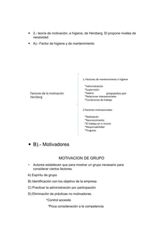  2.- teoría de motivación, e higiene, de Herzberg. El propone niveles de
necesidad:
 A).- Factor de higiene y de mantenimiento
 B).- Motivadores
MOTIVACION DE GRUPO
• Autores establecen que para mostrar un grupo necesario para
considerar ciertos factores.
A) Espíritu de grupo
B) Identificación con los objetivo de la empresa
C) Practicar la administración por participación
D) Eliminación de prácticas no motivadoras.
*Control accesito
*Poca consideración a la competencia
 