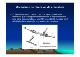 Vicent LletVicent Lletíí 1212
Mecanismo de direcciMecanismo de direccióón de cremalleran de cremallera
• El mecanismo esta constituido por una barra (1) tallada en
cremallera que se desplaza lateralmente en el interior del cárter.
Esta barra es accionada por un piñón helicoidal (2) montado en el
árbol del volante y que gira engranado a la cremallera.
•
 