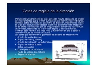 Vicent LletVicent Lletíí 3737
Cotas de reglaje de la direcciCotas de reglaje de la direccióónn
Para que le funcionamiento de la de dirección resulte adecuado, es preciso
que los elementos que lo forman cumplan unas determinadas condiciones,
llamadas cotas de dirección o geometría de dirección, mediante las cuales,
se logra que las ruedas obedezcan fácilmente al volante de la dirección y
no se altere su orientación por las irregularidades del terreno o al efectuar
una frenada, resultando así la dirección segura y de suave manejo.
También debe retornar a la línea recta y mantenerse en ella al soltar el
volante después de realizar una curva.
Las cotas que determinan la geometría del sistema de dirección son:
• Ángulo de salida (king-pin)
• Ángulo de caída (Camber)
• Ángulo de inclinación (Ángulo incluido)
• Ángulo de avance (Caster)
• Cotas conjugadas
• Convergencia de las ruedas
• Radio de viraje o giro máximo
• Ángulo de empuje
 