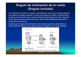 Vicent LletVicent Lletíí 4444
ÁÁngulo de inclinacingulo de inclinacióón de la ruedan de la rueda
((ÁÁngulo incluido)ngulo incluido)
Los valores de la caída y la salida, conjuntamente, hacen que la rueda adquiera
una posición inclinada respecto al suelo (mas abierta d arriba). Evidentemente,
el ángulo de inclinación de la rueda, también llamado ángulo incluido, depende
de los valores de los ángulos de caída y salida, determinándose estos por el
constructor del vehiculo.
Se dice que el ángulo de inclinación de la rueda es positivo cuando ésta se
inclina hacia el exterior por su parte superior y negativo en el caso contrario.
 