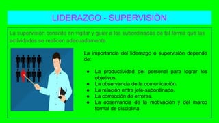 LIDERAZGO - SUPERVISIÒN
La supervisiòn consiste en vigilar y guiar a los subordinados de tal forma que las
actividades se realicen adecuadamente.
La importancia del liderazgo o supervisiòn depende
de:
● La productividad del personal para lograr los
objetivos.
● La observancia de la comunicaciòn.
● La relaciòn entre jefe-subordinado.
● La correcciòn de errores.
● La observancia de la motivaciòn y del marco
formal de disciplina.
 