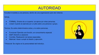 AUTORIDAD
Facultad investida a una persona, dentro de una organización para dar órdenes.
TIPOS.
● FORMAL: Emana de un superior, se ejerce por otras personas.
● Lineal: Cuando es ejercida por un jefe sobre una persona o grupo.
Técnica: Es sobre determinados actos y no sobre personas.
● Funcional: Ejercida una función, en conocimiento especial.
● Staff: Derecho a asesorar.
● Comités: Realización de tareas especiales.
● Matricial: Hacer cumplir el diseño y ejecución.
* Personal: Se origina en la personalidad del individuo.
 