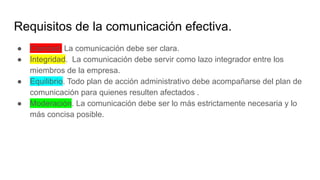 Requisitos de la comunicación efectiva.
● Claridad. La comunicación debe ser clara.
● Integridad. La comunicación debe servir como lazo integrador entre los
miembros de la empresa.
● Equilibrio. Todo plan de acción administrativo debe acompañarse del plan de
comunicación para quienes resulten afectados .
● Moderación. La comunicación debe ser lo más estrictamente necesaria y lo
más concisa posible.
 