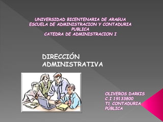 UNIVERSIDAD BICENTENARIA DE ARAGUA
ESCUELA DE ADMINISTRACION Y CONTADURIA
PUBLICA
CATEDRA DE ADMINISTRACION I
OLIVEROS DARKIS
C.I 19133800
T1 CONTADURIA
PÚBLICA
DIRECCIÓN
ADMINISTRATIVA
 