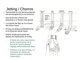 Jetting / Chorros
• Tipicamente es una barrena especial
con jet extragrande (o una triconica)
• Dos de los tres chorros son
pequenos y un tercero mas grande
• La mayoria del flujo se va a travez
del chorro mayor
• El hoyo se deslava preferiblemente
en la direccion del jet mayor
• Diseño simple pero podria ser
tedioso de implementar en el Rig
– El Build rate varia dependiendo
de las caracteristicas de la
formación (podria generar
doglegs extremadamente altos)
– Cambios en la tasa de flujo, en
el proceso de sliding, etc.
podrian producir resultados
inesperados
 