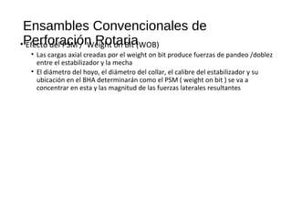 Ensambles Convencionales de
Perforación Rotaria• Efecto del PSM / Weight on Bit (WOB)
• Las cargas axial creadas por el weight on bit produce fuerzas de pandeo /doblez
entre el estabilizador y la mecha
• El diámetro del hoyo, el diámetro del collar, el calibre del estabilizador y su
ubicación en el BHA determinarán como el PSM ( weight on bit ) se va a
concentrar en esta y las magnitud de las fuerzas laterales resultantes
 