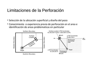 Limitaciones de la Perforación
• Selección de la ubicación superficial y diseño del pozo
• Conocimiento o experiencia previa de perforación en el area e
identificación de areas problematicas en particular
 