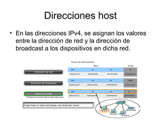 Direcciones host
• En las direcciones IPv4, se asignan los valores
entre la dirección de red y la dirección de
broadcast a los dispositivos en dicha red.
 