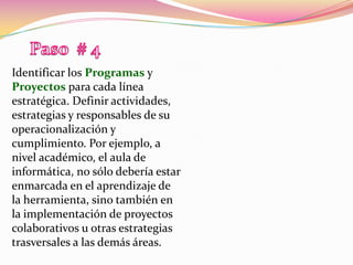 Paso  # 4Identificar los Programas y Proyectos para cada línea estratégica. Definir actividades, estrategias y responsables de su operacionalización y cumplimiento. Por ejemplo, a nivel académico, el aula de informática, no sólo debería estar enmarcada en el aprendizaje de la herramienta, sino también en la implementación de proyectos colaborativos u otras estrategias trasversales a las demás áreas.