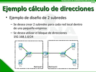 Ejemplo cálculo de direcciones Ejemplo de diseño de 2 subredes Se desea crear 2 subredes para cada red local dentro de una pequeña empresa. Se desea utilizar el bloque de direcciones 192.168.1.0/24 