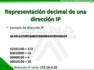 Representación decimal de una dirección IP Ejemplo de dirección IP 10101100000100000000010000010100 10101100 = 172 00010000 = 16 00000100 = 4 00010100 = 20 La dirección IP sería:  172.16.4.20 1er Octeto 2º Octeto 3er Octeto 4º Octeto 