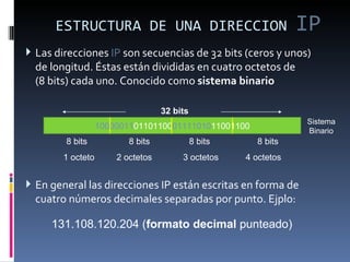 ESTRUCTURA DE UNA DIRECCION  IP Las direcciones  IP  son secuencias de 32 bits (ceros y unos) de longitud. Éstas están divididas en cuatro octetos de  (8 bits) cada uno. Conocido como  sistema binario En general las direcciones IP están escritas en forma de cuatro números decimales separadas por punto. Ejplo: 131.108.120.204 ( formato decimal  punteado) 8 bits 8 bits 8 bits 8 bits 10000011 01101100 01111010 11001100 32 bits 1 octeto  2 octetos   3 octetos   4 octetos Sistema Binario 