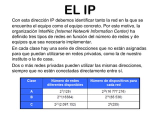 EL IP
Con esta dirección IP debemos identificar tanto la red en la que se
encuentra el equipo como el equipo concreto. Por este motivo, la
organización InterNic (Internet Network Information Center) ha
definido tres tipos de redes en función del número de redes y de
equipos que sea necesario implementar.
En cada clase hay una serie de direcciones que no están asignadas
para que puedan utilizarse en redes privadas, como la de nuestro
instituto o la de casa.
Dos o más redes privadas pueden utilizar las mismas direcciones,
siempre que no estén conectadas directamente entre sí.
 