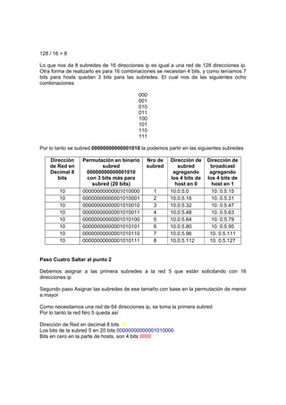 128 / 16 = 8

Lo que nos da 8 subredes de 16 direcciones ip es igual a una red de 128 direcciones ip.
Otra forma de realizarlo es para 16 combinaciones se necesitan 4 bits, y como teníamos 7
bits para hosts quedan 3 bits para las subredes. El cual nos da las siguientes ocho
combinaciones

                                          000
                                          001
                                          010
                                          011
                                          100
                                          101
                                          110
                                          111

Por lo tanto se subred 00000000000001010 la podemos partir en las siguientes subredes

    Dirección     Permutación en binario     Nro de    Dirección de    Dirección de
    de Red en             subred             subred       subred        broadcast
    Decimal 8       00000000000001010                   agregando       agregando
       bits         con 3 bits más para                los 4 bits de   los 4 bits de
                      subred (20 bits)                   host en 0       host en 1
        10        00000000000001010000          1      10.0.5.0          10. 0.5.15
        10        00000000000001010001          2      10.0.5.16         10. 0.5.31
        10        00000000000001010010          3      10.0.5.32         10. 0.5.47
        10        00000000000001010011          4      10.0.5.48         10. 0.5.63
        10        00000000000001010100          5      10.0.5.64         10. 0.5.79
        10        00000000000001010101          6      10.0.5.80         10. 0.5.95
        10        00000000000001010110          7      10.0.5.96        10. 0.5.111
        10        00000000000001010111          8      10.0.5.112       10. 0.5.127


Paso Cuatro Saltar al punto 2

Debemos asignar a las primera subredes a la red 5 que están solicitando con 16
direcciones ip

Segundo paso Asignar las subredes de ese tamaño con base en la permutación de menor
a mayor

Como necesitamos una red de 64 direcciones ip, se toma la primera subred
Por lo tanto la red Nro 5 queda así

Dirección de Red en decimal 8 bits 10
Los bits de la subred 5 en 20 bits 00000000000001010000
Bits en cero en la parte de hosts, son 4 bits 0000
 