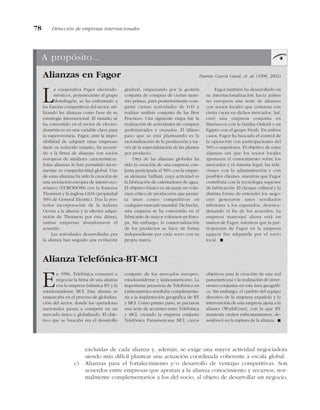 excluidas de cada alianza y, además, se exige una mayor actividad negociadora
siendo más difícil plantear una actuación coordinada coherente a escala global.
c) Alianzas para el fortalecimiento y/o desarrollo de ventajas competitivas. Son
acuerdos entre empresas que aportan a la alianza conocimiento y recursos, nor-
malmente complementarios a los del socio, al objeto de desarrollar un negocio,
78 Dirección de empresas internacionales
A propósito...
Alianzas en Fagor Fuente: García Canal, et. al. (1998, 2002)
Alianza Telefónica-BT-MCI
La cooperativa Fagor electrodo-
mésticos, perteneciente al grupo
Mondragón, se ha enfrentado a
las fuerzas competitivas del sector, uti-
lizando las alianzas como base de su
estrategia internacional. El tamaño se
ha convertido en el sector de electro-
domésticos en una variable clave para
la supervivencia. Fagor, ante la impo-
sibilidad de adquirir otras empresas
dado su reducido tamaño, ha recurri-
do a la firma de alianzas con socios
europeos de similares características.
Estas alianzas le han permitido incre-
mentar su competitividad global. Una
de estas alianzas ha sido la creación de
una asociación europea de interés eco-
nómico (EURODOM) con la francesa
Thomson y la inglesa GDA (propiedad
50% de General Electric). Tras la pos-
terior incorporación de la italiana
Ocean a la alianza y la ulterior adqui-
sición de Thomson por ésta última,
ambas empresas abandonaron el
acuerdo.
Las actividades desarrolladas por
la alianza han seguido una evolución
gradual, empezando por la gestión
conjunta de compras de ciertas mate-
rias primas, para posteriormente com-
partir ciertas actividades de I+D y
realizar análisis conjunto de las Best
Practices. Una siguiente etapa fue la
realización de actividades de compras
preferenciales y cruzadas. El último
paso que se está planteando es la
racionalización de la producción a tra-
vés de la especialización de las plantas
por producto.
Otra de las alianzas globales ha
sido la creación de una empresa con-
junta participada al 50% con la empre-
sa alemana Vaillant, cuya actividad es
la fabricación de calentadores de agua.
El objetivo básico es alcanzar un volu-
men crítico de producción que permi-
ta unos costes competitivos en
cualquier mercado mundial. De hecho,
esta empresa se ha convertido en el
fabricante de mayor volumen en Euro-
pa. Sin embargo, la comercialización
de los productos se hace de forma
independiente por cada socio con su
propia marca.
Fagor también ha desarrollado en
su internacionalización hacia países
no europeos una serie de alianzas
con socios locales que contaran con
cierta cuota en dichos mercados. Así,
creó una empresa conjunta en
Marruecos con la familia Oukrid y en
Egipto con el grupo Fresh. En ambos
casos, Fagor ha buscado el control de
la operación con participaciones del
50% o superiores. El objetivo de estas
alianzas era que los socios locales
aportaran el conocimiento sobre los
mercados y el sistema legal, las rela-
ciones con la administración y con
posibles clientes, mientras que Fagor
contribuía con la tecnología superior
de fabricación. El choque cultural y la
distinta forma de entender los nego-
cios generaron unos resultados
inferiores a los esperados, desenca-
denando el fin de los acuerdos. La
empresa marroquí ahora está en
manos de Fagor, mientras que la par-
ticipación de Fagor en la empresa
egipcia fue adquirida por el socio
local. !
En 1996, Telefónica comenzó a
negociar la firma de una alianza
con la empresa británica BT y la
estadounidense MCI. Esta alianza se
enmarcaba en el proceso de globaliza-
ción del sector, donde las operadoras
nacionales pasan a competir en un
mercado único y globalizado. El obje-
tivo que se buscaba era el desarrollo
conjunto de los mercados europeo,
estadounidense y latinoamericano. La
importante presencia de Telefónica en
Latinoamérica resultaba complementa-
ria a la implantación geográfica de BT
y MCI. Como primer paso, se pactaron
una serie de acciones entre Telefónica
y MCI, creando la empresa conjunta
Telefónica Panamericana MCI, cuyos
objetivos eran la creación de una red
panamericana y la realización de inver-
siones conjuntas en esta área geográfi-
ca. Sin embargo, el cambio del equipo
directivo de la empresa española y la
intervención de una empresa ajena a la
alianza (WorldCom), con la que BT
mantenía ciertos enfrentamientos, de-
sembocó en la ruptura de la alianza. !
 