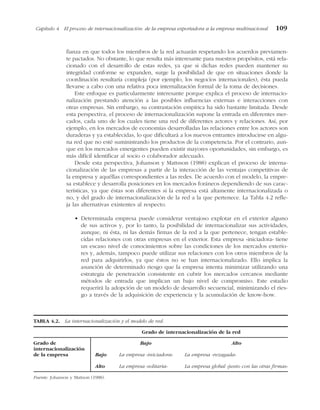 fianza en que todos los miembros de la red actuarán respetando los acuerdos previamen-
te pactados. No obstante, lo que resulta más interesante para nuestros propósitos, está rela-
cionado con el desarrollo de estas redes, ya que si dichas redes pueden mantener su
integridad conforme se expanden, surge la posibilidad de que en situaciones donde la
coordinación resultaría compleja (por ejemplo, los negocios internacionales), ésta pueda
llevarse a cabo con una relativa poca internalización formal de la toma de decisiones.
Este enfoque es particularmente interesante porque explica el proceso de internacio-
nalización prestando atención a las posibles influencias externas e interacciones con
otras empresas. Sin embargo, su contrastación empírica ha sido bastante limitada. Desde
esta perspectiva, el proceso de internacionalización supone la entrada en diferentes mer-
cados, cada uno de los cuales tiene una red de diferentes actores y relaciones. Así, por
ejemplo, en los mercados de economías desarrolladas las relaciones entre los actores son
duraderas y ya establecidas, lo que dificultará a los nuevos entrantes introducirse en algu-
na red que no esté suministrando los productos de la competencia. Por el contrario, aun-
que en los mercados emergentes pueden existir mayores oportunidades, sin embargo, es
más difícil identificar al socio o colaborador adecuado.
Desde esta perspectiva, Johanson y Mattsson (1988) explican el proceso de interna-
cionalización de las empresas a partir de la interacción de las ventajas competitivas de
la empresa y aquéllas correspondientes a las redes. De acuerdo con el modelo, la empre-
sa establece y desarrolla posiciones en los mercados foráneos dependiendo de sus carac-
terísticas, ya que éstas son diferentes si la empresa está altamente internacionalizada o
no, y del grado de internacionalización de la red a la que pertenece. La Tabla 4.2 refle-
ja las alternativas existentes al respecto.
• Determinada empresa puede considerar ventajoso explotar en el exterior alguno
de sus activos y, por lo tanto, la posibilidad de internacionalizar sus actividades,
aunque, ni ésta, ni las demás firmas de la red a la que pertenece, tengan estable-
cidas relaciones con otras empresas en el exterior. Esta empresa «iniciadora» tiene
un escaso nivel de conocimientos sobre las condiciones de los mercados exterio-
res y, además, tampoco puede utilizar sus relaciones con los otros miembros de la
red para adquirirlos, ya que éstos no se han internacionalizado. Ello implica la
asunción de determinado riesgo que la empresa intenta minimizar utilizando una
estrategia de penetración consistente en cubrir los mercados cercanos mediante
métodos de entrada que implican un bajo nivel de compromiso. Este estadio
requerirá la adopción de un modelo de desarrollo secuencial, minimizando el ries-
go a través de la adquisición de experiencia y la acumulación de know-how.
Capítulo 4 El proceso de internacionalización: de la empresa exportadora a la empresa multinacional 109
TABLA 4.2. La internacionalización y el modelo de red.
Grado de internacionalización de la red
Grado de Bajo Alto
internacionalización
de la empresa Bajo La empresa «iniciadora» La empresa «rezagada»
Alto La empresa «solitaria» La empresa global «junto con las otras firmas»
Fuente: Johanson y Mattson (1988).
 