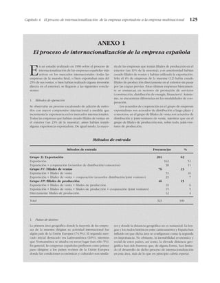 Capítulo 4 El proceso de internacionalización: de la empresa exportadora a la empresa multinacional 125
ANEXO 1
El proceso de internacionalización de la empresa española
En un estudio realizado en 1996 sobre el proceso de
internacionalización de las empresas españolas más
activas en los mercados internacionales (todas las
empresas de la muestra final, o bien exportaban más del
25% de sus ventas, o bien habían realizado alguna inversión
directa en el exterior), se llegaron a las siguientes conclu-
siones:
1. Métodos de operación
Se observaba un proceso escalonado de adición de méto-
dos con mayor compromiso internacional a medida que
incrementa la experiencia en los mercados internacionales.
Todas las empresas que habían creado filiales de ventas en
el exterior (un 23% de la muestra), antes habían tenido
alguna experiencia exportadora. De igual modo, la mayo-
ría de las empresas que tenían filiales de producción en el
exterior (un 11% de la muestra), con anterioridad habían
creado filiales de ventas y habían utilizado la exportación.
Sólo el 4% de empresas de la muestra (12) había creado
filiales de producción directamente en el exterior sin pasar
por las etapas previas. Estas últimas empresas básicamen-
te se enmarcan en sectores de prestación de servicios
(construcción, distribución de energía, financiero). Asimis-
mo, se encuentran diferencias en las modalidades de coo-
peración.
Los acuerdos de cooperación en el grupo de empresas
exportadoras son acuerdos de distribución a largo plazo y
consorcios; en el grupo de filiales de venta son acuerdos de
distribución y joint-ventures de venta, mientras que en el
grupo de filiales de producción son, sobre todo, joint-ven-
tures de producción.
1. Países de destino
La primera área geográfica donde la mayoría de las empre-
sas de la muestra dirigían su actividad internacional fue
algún país de la Unión Europea (74,5%). El segundo mer-
cado inicial destacado era Latinoamérica (10%), mientras
que Norteamérica se situaba en tercer lugar (tan sólo 5%).
En general, las empresas españolas prefieren como primer
paso dirigirse a los países vecinos de la Unión Europea
donde las condiciones económicas y culturales son simila-
res y donde la distancia geográfica no es sustancial. La len-
gua y los nudos históricos entre Latinoamérica y España han
influido en que dicha área se configurase como la segunda
en importancia. No obstante, la inestabilidad económica y
social de estos países, así como, la elevada distancia geo-
gráfica han sido barreras que, de alguna forma, han limita-
do el desarrollo de dicho proceso de internacionalización
en esta área, más de lo que en principio cabría esperar.
Métodos de entrada
Métodos de entrada Frecuencias %
Grupo X: Exportación 201 62
Exportación 163 51
Exportación + cooperación (acuerdos de distribución/consorcios) 38 11
Grupo FV: Filiales de ventas 76 23
Exportación + filiales de venta 53 16
Exportación + filiales de venta + cooperación (acuerdos distribución/joint ventures) 23 7
Grupo FP: filiales de producción 46 15
Exportación + filiales de venta + filiales de producción 19 6
Exportación + filiales de venta + filiales de producción + cooperación (joint ventures) 15 5
Directamente filiales de producción 12 4
Total 323 100
 