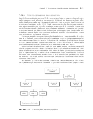5.2.2.3. DIVISIONES GLOBALES POR ÁREAS GEOGRÁFICAS
Cuando la expansión internacional de la empresa tiene lugar en un gran número de mer-
cados externos, suele adoptarse una estructura divisional por áreas geográficas, sobre
todo, si dichos mercados son culturalmente diferentes entre sí, y están situados en varios
continentes (Martínez y Jarillo, 1991). Desde esta perspectiva, los directivos de cada divi-
sión son responsables de todos los productos y negocios de la compañía en una área
geográfica determinada. Dado que las condiciones políticas y económicas en los dife-
rentes mercados de una área son más similares que las existentes entre los mercados per-
tenecientes a varias áreas, estas estructuras serán más sensibles a las condiciones locales
que las divisiones globales de producto.
En esta estructura la comunicación entre las filiales foráneas y los responsables de la divi-
sión se ve facilitada tanto en lo relativo a los productos, como en las decisiones estratégi-
cas concernientes al área en cuestión, facilitándose, de esta forma, la adopción de rápidas
acciones como respuesta a los gustos y regulaciones locales. Sin embargo, la comunicación
entre unidades pertenecientes a distintas áreas geográficas tiende a ser menor.
Algunos autores señalan como condición para poder adoptar esta forma estructural
que las necesidades de los clientes en una área sean lo suficientemente numerosas, com-
plejas y diferentes a las necesidades en otras áreas, de forma que surjan oportunidades
para la especialización y la obtención de economías de escala. Normalmente, podemos
encontrar estas estructuras en sectores como el de la alimentación, productos de higie-
ne personal y del hogar, donde los hábitos de consumo de los clientes varían sustan-
cialmente entre países.
No obstante, podemos encontrarnos también con ciertas desventajas, tales como:
(a) la posible duplicación en las funciones, ya que cada división tiene sus propios depar-
Capítulo 5 La organización de la empresa internacional 141
Filial 1 Filial 2 Filial n
División de
Área 1
División de
Área 2
División de
Área 3
Departamentos funcionales
Staff
Corporativo
Oficina General
Presidente
FIGURA 5.5 (a). La división global por áreas geográficas.
 