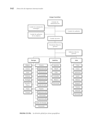 142 Dirección de empresas internacionales
Consejo de
Administración
Grupo Carrefour
Comité ejecutivo
Presidente-Director
general
Comité de orientación
estratégica
Comité de auditoría
Adjuntos director
general
Europa América Asia
Bélgica
Grecia
Italia
Polonia
Portugal
República
Checa
Suiza
Turquía
Francia
Hipermercado
Restauración
Proximidad
Supermercado
Descuento
Cash & Carry
España
Hipermercado
Descuento
Supermercado
Resto de Europa
Descuento
Argentina
Brasil
Chile
Colombia
México
Descuento
China
Corea
Indonesia
Japón
Malasia
Singapur
Taiwán
Tailandia
Descuento
Comité de gobierno
de la empresa
FIGURA 5.5 (b). La división global por áreas geográficas.
 