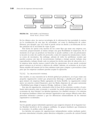 En los últimos años, las nuevas tecnologías de la información han permitido la mejora
en la coordinación de este tipo de actividades, así como la disminución de costes.
Piénsese, por ejemplo, que vía e-mail se puede enviar un diseño a un fabricante de toa-
llas pakistaní sin la necesidad de viajar al país.
Esta forma de operar evita muchos de los costes fijos que tiene una empresa con-
vencional, proporcionando al mismo tiempo una gran flexibilidad al empresario. En el
momento en el que un producto no funcione se puede cambiar a otro sin prácticamen-
te incurrir en costes de cambio de proveedor, costes de reajustar las instalaciones e inclu-
so costes de inventarios. Sin embargo, además de todos los problemas sociales que
pueden acarrear este tipo de reconversiones (trabajos a tiempo parcial, trabajos muy
especializados, trabajos donde cada vez priman los niveles más altos de educación, etc.),
la empresa tiene mucho menos control sobre las operaciones, lo que puede ocasionar
graves retrasos en el servicio o defectos de calidad. Además, en ocasiones se da el pro-
blema añadido del tamaño de los lotes mínimos tanto para comprar a proveedores como
para que las empresas auxiliares puedan aceptar la operación.
5.2.3.2. LA ORGANIZACIÓN FEDERAL
Este modelo, es una extensión de la división global por productos, en el que existe una
pequeña organización central que proporciona liderazgo y planificación global, y un
gran número de empresas filiales agrupadas de forma flexible. La organización central
ejerce un estrecho control financiero, pero las filiales disponen de una gran autonomía
y flexibilidad para dirigir el negocio (Hodge, Anthony y Gales, 2003).
Este tipo de organización, sustentado sobre la base de las relaciones sociales y la pro-
funda interconexión entre economía y sociedad, ha tenido particularmente éxito en las
economías de Asia Oriental. Los keiretsu japoneses, los chaebol coreanos y los sistemas
de empresas familiares chinas son sistemas organizativos que aunque difieren entre ellos,
presentan elementos comunes y que los diferencian sustancialmente de los sistemas
organizativos occidentales.
Keiretsu
Son los grandes grupos industriales japoneses que surgieron después de la Segunda Gue-
rra Mundial, herederos de los antiguos zaitbatsu, los grupos familiares que dominaron
la economía y la política antes de la guerra.
Los keiretsu son grupos de organizaciones independientes unidas mediante partici-
paciones minoritarias cruzadas, juntas directivas solapadas y acuerdos de carácter formal
148 Dirección de empresas internacionales
Proveedores Proveedores
Proveedores Proveedores
Empresa núcleo
Diseñadores Productores
Proveedores Comercializadores
y distribuidores
Broker
FIGURA 5.8. Red estable y red dinámica.
Fuente: Ricart y Álvarez (1996).
 