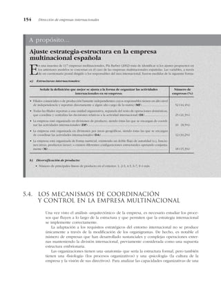 5.4. Los mecanismos de coordinación
y control en la empresa multinacional
Una vez visto el análisis «arquitectónico» de la empresa, es necesario estudiar los proce-
sos que fluyen a lo largo de la estructura y que permiten que la estrategia internacional
se implemente correctamente.
La adaptación a los requisitos estratégicos del entorno internacional no se produce
únicamente a través de la modificación de los organigramas. De hecho, es notable el
número de empresas que han desarrollado sustanciales y complejas operaciones exter-
nas manteniendo la división internacional, previamente considerada como una supuesta
estructura embrionaria.
Las organizaciones tienen una «anatomía» que sería la estructura formal, pero también
tienen una «fisiología» (los procesos organizativos) y una «psicología» (la cultura de la
empresa y la visión de sus directivos). Para analizar las capacidades organizativas de una
154 Dirección de empresas internacionales
A propósito...
Ajuste estrategia-estructura en la empresa
multinacional española
En una muestra de 117 empresas multinacionales, Pla Barber (2002) trata de identificar si los ajustes propuestos en
los anteriores modelos se concretan en el caso de las empresas multinacionales españolas. Las variables, a través
de un cuestionario postal dirigido a los responsables del área internacional, fueron medidas de la siguiente forma:
a) Estructuras internacionales:
b) Diversificación de producto:
• Número de principales líneas de producto en el exterior: 1, 2-3, 4-5, 6-7, 8 ó más.
52 (44,4%)
25 (21,3%)
10 (8,5%)
12 (10,2%)
18 (15,3%)
• Filiales comerciales o de producción bastante independientes cuyos responsables tienen un alto nivel
de independencia y reportan directamente a algún alto cargo de la matriz (MF)...............................
• Todas las filiales reportan a una unidad organizativa, separada del resto de operaciones domésticas,
que coordina y centraliza las decisiones relativas a la actividad internacional (DI)............................
• La empresa está organizada en divisiones de producto, siendo éstas las que se encargan de coordi-
nar las actividades internacionales (DP) ................................................................................................
• La empresa está organizada en divisiones por áreas geográficas, siendo éstas las que se encargan
de coordinar las actividades internacionales (DA) ................................................................................
• La empresa está organizada de forma matricial, existiendo un doble flujo de autoridad (e.j. funcio-
nes/áreas; productos/áreas); o existen diferentes configuraciones estructurales operando conjunta-
mente (M)................................................................................................................................................
Número de
empresas (%)
Señale la definición que mejor se ajusta a la forma de organizar las actividades
internacionales en su empresa:
 
