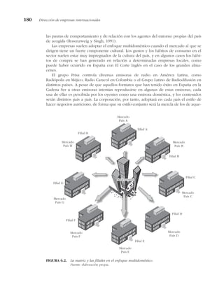 las pautas de comportamiento y de relación con los agentes del entorno propias del país
de acogida (Rosenzweig y Singh, 1991).
Las empresas suelen adoptar el enfoque multidoméstico cuando el mercado al que se
dirigen tiene un fuerte componente cultural. Los gustos y los hábitos de consumo en el
sector suelen estar muy impregnados de la cultura del país, y en algunos casos los hábi-
tos de compra se han generado en relación a determinadas empresas locales, como
puede haber ocurrido en España con El Corte Inglés en el caso de los grandes alma-
cenes.
El grupo Prisa controla diversas emisoras de radio en América Latina, como
Radiópolis en Méjico, Radio Caracol en Colombia o el Grupo Latino de Radiodifusión en
distintos países. A pesar de que aquellos formatos que han tenido éxito en España en la
Cadena Ser u otras emisoras intentan reproducirse en algunas de estas emisoras, cada
una de ellas es percibida por los oyentes como una emisora doméstica, y los contenidos
serán distintos país a país. La corporación, por tanto, adoptará en cada país el estilo de
hacer negocios autóctono, de forma que su estilo conjunto será la mezcla de los de aque-
180 Dirección de empresas internacionales
Sede central
Sede central
Mercado
País A
Mercado
País B
Mercado
País C
Mercado
País D
Mercado
País E
Mercado
País F
Mercado
País G
Filial H
Sede central
Mercado
País H
Filial A
Filial B
Filial D
Filial E
Filial F
Filial G
Filial C
FIGURA 6.2. La matriz y las filiales en el enfoque multidoméstico.
Fuente: elaboración propia.
 