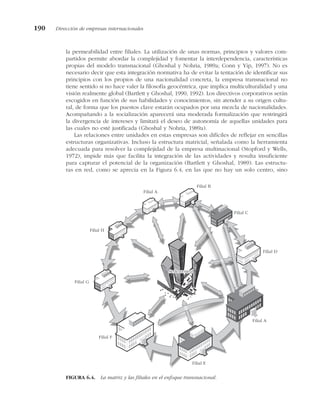 la permeabilidad entre filiales. La utilización de unas normas, principios y valores com-
partidos permite abordar la complejidad y fomentar la interdependencia, características
propias del modelo transnacional (Ghoshal y Nohria, 1989a; Conn y Yip, 1997). No es
necesario decir que esta integración normativa ha de evitar la tentación de identificar sus
principios con los propios de una nacionalidad concreta, la empresa transnacional no
tiene sentido si no hace valer la filosofía geocéntrica, que implica multiculturalidad y una
visión realmente global (Bartlett y Ghoshal, 1990, 1992). Los directivos corporativos serán
escogidos en función de sus habilidades y conocimientos, sin atender a su origen cultu-
ral, de forma que los puestos clave estarán ocupados por una mezcla de nacionalidades.
Acompañando a la socialización aparecerá una moderada formalización que restringirá
la divergencia de intereses y limitará el deseo de autonomía de aquellas unidades para
las cuales no esté justificada (Ghoshal y Nohria, 1989a).
Las relaciones entre unidades en estas empresas son difíciles de reflejar en sencillas
estructuras organizativas. Incluso la estructura matricial, señalada como la herramienta
adecuada para resolver la complejidad de la empresa multinacional (Stopford y Wells,
1972), impide más que facilita la integración de las actividades y resulta insuficiente
para capturar el potencial de la organización (Bartlett y Ghoshal, 1989). Las estructu-
ras en red, como se aprecia en la Figura 6.4, en las que no hay un solo centro, sino
190 Dirección de empresas internacionales
Sede central
Sede central
Filial A
Filial B
Filial C
Filial D
Filial E
Filial F
Filial G
Filial H
Sede central
Sede central
Sede central
Filial A
FIGURA 6.4. La matriz y las filiales en el enfoque transnacional.
 
