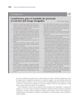 la nueva residencia, mientras que el 40% restante se limita a abonar la diferencia entre
los gastos que el empleado soportaba en el país de origen y los que debería asumir en
el país de destino. Incluso, más de un tercio de las multinacionales encuestadas les ayuda
a vender la vivienda que poseían en el país de origen. El 80% de las empresas va más
allá y asume incluso los gastos de la mudanza.
Otro elemento corrector muy utilizado son las primas por movilidad y condiciones
adversas, a las que recurre la práctica totalidad de multinacionales ubicadas en destinos
conflictivos. Aunque todas las empresas utilizan estas primas, existe cierta tendencia a
reducirlas para los traslados a Europa y Norteamérica e incrementarlas en los traslados a
Oriente Medio.
266 Dirección de empresas internacionales
A propósito...
Condiciones para el traslado de personal
al exterior del Grupo Dragados Fuente: Grupo Dragados
1. Familia. Como política general se procura la incor-
poración al exterior de la familia. Sin embargo, la
empresa podrá desaconsejar el traslado en función de
las circunstancias de un país o centro.
2. Vivienda. Es responsabilidad de las empresas locales
el control y la supervisión de los alquileres. La empre-
sa se hará cargo del alquiler de la vivienda adecuada
a la situación familiar del empleado. Los gastos de
mantenimiento y funcionamiento corren a cargo del
empleado, excepto cuando ésta forma parte de un
campamento instalado por la empresa.
3. Manutención. Todos los gatos son a cargo del em-
pleado.
4. Pólizas de accidente. La empresa suscribe una póli-
za individual de accidentes durante el tiempo de per-
manencia en el exterior.
5. Seguridad Social. Durante su estancia en el país de
destino, todos los empleados cotizarán por la base
máxima de la Seguridad Social para su categoría.
6. Asistencia sanitaria. En los países donde se trabaja
por primera vez, se informa a los empleados sobre la
situación sanitaria. En general, se deberá utilizar la
Seguridad Social del país de destino, excepto cuando
ello no sea aconsejable según criterio del servicio
médico. En estos casos se contratará asistencia con una
sociedad médica. Si lo anterior no fuera posible, se
concederá una ayuda económica para cubrir los gas-
tos médicos.
7. Billetes. Traslado con familia: el empleado con fami-
lia tiene derecho a dos billetes de ida y vuelta/año,
en clase turista, cerrados y según tarifas gestionadas
por la empresa para cada componente de la fami-
lia. Traslado sin familia: tres billetes de ida y vuel-
ta/año.
8. Gastos de estudios. La empresa corre con los gastos
de estudio de los hijos de los expatriados (matrícula,
enseñanza y seguro escolar durante la etapa escolar y
universitaria). En cada destino hay una relación de
colegios y universidades concertadas.
9. Condiciones económicas. Se establecerán al inicio del
período de expatriación como la suma de los siguien-
tes conceptos:
• Retribución neta en el país de origen (renta dispo-
nible en moneda del país de origen).
• Compensación por gastos locales. Su importe se fija
en moneda local, y es el resultado de aplicar al 70%
de la renta disponible en el momento de partida, el
índice de coste de vida del país de destino, así como
el cambio de moneda correspondiente a la fecha a la
que se refiere el índice. Se actualiza semestralmente
y ante fluctuaciones de inflación superiores al 10%.
• Incentivo por destino y responsabilidad. Recoge la
dificultad del país y del tipo de destino, así como la
responsabilidad del puesto de trabajo a desempe-
ñar. Se abona en el país de origen y en su moneda.
Es la suma de dos porcentajes aplicados sobre la
renta disponible: (a) varía del 0% en USA o Europa
al 35% de Argelia o Colombia; (b) 30% al máximo
responsable de la unidad/concesión/contrato u
obra/sucursal, 20% al personal que desempeñe
puestos de responsabilidad en las áreas de pro-
ducción, técnica y administrativa que dependen
directamente del máximo responsable, 10% perso-
nal no incluido en los casos anteriores.
10. Fiscalidad. Tanto el impuesto sobre la renta de las
personas físicas, como otros impuestos personales
sobre la renta que fueran aplicables en cualquier país,
serán asumidos por la empresa. !
 
