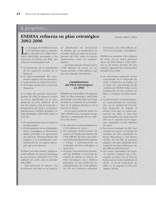 34 Dirección de empresas internacionales
A propósito...
ENDESA refuerza su plan estratégico Fuente: Endesa (2003)
2002-2006
L
a estrategia de ENDESA de cara
a los próximos años se encuen-
tra contenida en su Plan Estra-
tégico 2002-2006, presentado a los
mercados en febrero de 2002. Sus
objetivos fundamentales son:
• El incremento de la rentabilidad
de los negocios actuales de la
Empresa.
• El aprovechamiento del creci-
miento orgánico de sus mercados.
• La gestión de su cartera de activos.
• El fortalecimiento de su situación
financiera.
A lo largo del período enero-sep-
tiembre de 2002, la Empresa avanzó
de forma significativa en el cum-
plimiento de estos objetivos. En el
mes de octubre, ante la evolución y
perspectivas del marco económico
internacional, ENDESA actualizó su
Plan Estratégico 2002-2006 sobre la
base de:
• El mantenimiento de sus objetivos
fundamentales.
• El reforzamiento de sus principales
líneas estratégicas y financieras,
dando prioridad a la generación
de cash flow, al fortalecimiento del
balance y a la consolidación y ren-
tabilización de su negocio princi-
pal, que es el eléctrico.
En línea con estos criterios, redujo en
3.300 millones de euros su programa
de inversiones, situándolo en 9.700
millones de euros para el período
2002-2006.
Esta reducción no afectó a las
inversiones previstas en el negocio
de distribución de electricidad
en España, que se mantuvieron en
el mismo nivel que antes de la actua-
lización del Plan, tanto en nuevas
instalaciones como en manteni-
miento.
Las desinversiones alcanzaron los
6.500 millones de euros en ese
mismo período, 1.000 millones más
que las estimadas inicialmente.
Cumplimiento
del Plan Estratégico
en 2002
ENDESA ha desarrollado a lo largo de
2002 su Plan Estratégico 2002-2006
presentado a los mercados en el mes
de febrero y centrado en la rentabili-
dad, en el negocio eléctrico y en el
servicio al cliente.
En los nueve primeros meses de
2002, ENDESA ha conseguido un sig-
nificativo cumplimiento de los obje-
tivos del mismo:
• Ha reducido su endeudamiento en
1.145 millones de euros.
• Ha realizado desinversiones de
activos en España por importe de
1.824 millones de euros, que inclu-
yen fundamentalmente las relativas
a Viesgo, a participaciones en
compañías del sector del agua y a
Arch Coal.
• El grupo iberoamericano Enersis,
del que ENDESA es accionista de
control, ha puesto en marcha un
Plan Estratégico cuyo objetivo
prioritario es una reducción de
endeudamiento de 2.200 millones
de US$ en el balance individual
de Enersis y de 2.600 millones de
US$ en el del grupo consolidado.
ENDESA ha invertido 2.305 millones
de euros en los nueve primeros
meses de 2002, frente a 3.916 millo-
nes en el mismo período del año
anterior, siguiendo las orientaciones
incluidas en el Plan:
• Las inversiones materiales se han
concentrado en el desarrollo de
ciclos combinados en España, en
el inicio del «repowering» de las
centrales de ENDESA Italia y en la
construcción de las centrales de
Ralco y Fortaleza en Latinoaméri-
ca.
• Las inversiones en mantenimien-
to, especialmente las relaciona-
das con la calidad del servicio,
han alcanzado en España al
mismo nivel que en enero-sep-
tiembre de 2001, si bien han
experimentado una reducción del
30% en el conjunto de los nego-
cios, situándose en 821 millones
de euros.
• En el tercer trimestre de 2002, han
entrado en servicio en España las
centrales de ciclo combinado de
Besós (Barcelona) y San Roque
(Cádiz), de 400 MW de potencia
unitaria, y el ciclo combinado de la
central de Son Reus (Baleares), de
232 MW de potencia total.
• Los costes controlables del nego-
cio eléctrico español han evolu-
cionado en línea con el Plan de
Reducción de Costes establecido al
efecto. A 30 de septiembre de
2002, se ha logrado el 80% del
objetivo inicial.
 