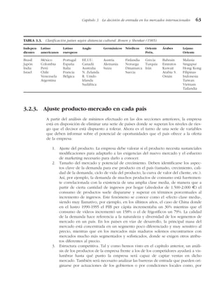3.2.3. Ajuste producto-mercado en cada país
A partir del análisis de mínimos efectuado en las dos secciones anteriores, la empresa
está en disposición de eliminar una serie de países donde se superan los niveles de ries-
go que el decisor está dispuesto a tolerar. Ahora es el turno de una serie de variables
que deben informar sobre el potencial de oportunidades que el país ofrece a la oferta
de la empresa:
1. Ajuste del producto. La empresa debe valorar si el producto necesita sustanciales
modificaciones para adaptarlo a las exigencias del nuevo mercado y el esfuerzo
de marketing necesario para darlo a conocer.
2. Tamaño del mercado y potencial de crecimiento. Deben identificarse los aspec-
tos clave de la demanda para ese producto en el país (tamaño, crecimiento, cali-
dad de la demanda, ciclo de vida del producto, la curva de valor del cliente, etc.).
Así, por ejemplo, la demanda de muchos productos de consumo está fuertemen-
te correlacionada con la existencia de una amplia clase media, de manera que a
partir de cierta cantidad de ingresos por hogar (alrededor de 1.500-2.000 €) el
consumo de productos suele dispararse y superar en términos porcentuales al
incremento de ingresos. Este fenómeno se conoce como el «efecto clase media»,
siendo muy llamativo, por ejemplo, en los últimos años, el caso de China donde
en el lustro 1990-1995 el PIB per cápita incrementaba un 36% mientras que el
consumo de vídeos incrementó un 158% o el de frigoríficos un 79%. La calidad
de la demanda hace referencia a la naturaleza y diversidad de los segmentos de
mercado en un país. En los países en vías de desarrollo, la principal masa del
mercado está concentrada en un segmento poco diferenciado y muy sensitivo al
precio, mientras que en los mercados más maduros solemos encontrarnos con
mercados mucho más segmentados y sofisticados, donde se exigen otros atribu-
tos diferentes al precio.
3. Estructura competitiva. Tal y como hemos visto en el capítulo anterior, un análi-
sis de los productos de la empresa frente a los de los competidores ayudará a vis-
lumbrar hasta qué punto la empresa será capaz de captar ventas en dicho
mercado. También será necesario analizar las barreras de entrada que pueden ori-
ginarse por actuaciones de los gobiernos o por condiciones locales como, por
Capítulo 3 La decisión de entrada en los mercados internacionales 63
TABLA 3.3. Clasificación países según distancia cultural. Ronen y Shenkar (1985).
Indepen- Latino Latino Anglo Germánicos Nórdicos Oriente Árabes Lejano
dientes americanos europeos Próx. Oriente
Brasil México Portugal EE.UU. Austria Finlandia Grecia Bahrain Malasia
Japón Colombia España Canadá Alemania Noruega Turquía Emiratos Singapur
India Perú Italia Australia Suiza Dinamarca Irán Kuwait Hong Kong
Israel Chile Francia N. Zelanda Suecia Arabia S. Filipinas
Venezuela Bélgica R. Unido Omán Indonesia
Argentina Irlanda Taiwan
Sudáfrica Vietnam
Tailandia
 