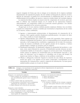 negocio marginal; de forma que ésta se integra en la estructura de la empresa mediante
departamentos de exportación propios. En este sentido, la búsqueda de contactos, la inves-
tigación de mercados, la gestión de la documentación, la distribución física, así como el
establecimiento de las políticas de precios y marcas se realiza dentro de la propia empresa.
La exportación directa implica un mayor nivel de compromiso de recursos, pero tam-
bién se obtiene una sustancial mejora en el control de las operaciones foráneas.
Adicionalmente, un compromiso visible en el mercado exterior garantiza a los clientes
una mayor seguridad en los servicios postventa.
Al igual que en el caso anterior, también pueden emplearse distintas vías con distin-
to grado de compromiso, aunque a medida que incrementa la importancia de las ventas
en el exterior, suelen combinarse.
• Agentes o representantes pertenecientes al departamento de exportación de la
empresa. Estos agentes pueden desplazarse periódicamente a los países de desti-
no, o bien, residir en el país importador.
• Agentes independientes que venden por cuenta del exportador. Estos agentes no
asumen la propiedad del producto, pero se responsabilizan de la prospección del
mercado, y de la negociación, conclusión y seguimiento de la venta. En ocasiones,
actúan de manera coordinada con los agentes propios de la empresa, e incluso
pueden llegar a trabajar en exclusiva para la empresa.
• Distribuidor-importador. El distribuidor adquiere la propiedad del producto, y por
tanto, tiene mayor libertad de actuación. El distribuidor permite alcanzar un posi-
cionamiento rápido en el mercado y asegura un servicio post-venta. Normalmente,
suelen operar en régimen de exclusividad para un determinado mercado y, por
tanto, las relaciones con la empresa se consolidan con el paso del tiempo, de
manera que incluso se llega a colaborar en las políticas comerciales.
• Oficina o delegación comercial. Supone la creación de una oficina de represen-
tación que apoya a los agentes en las tareas comerciales, convirtiéndose en un
instrumento de comunicación, control y captación de información. No tiene perso-
nalidad jurídica propia en el país de destino.
Capítulo 3 La decisión de entrada en los mercados internacionales 69
TABLA 3.6. Ventajas e inconvenientes de la exportación directa (departamentos de exportación,
distribuidores, delegación comercial).
Ventajas Inconvenientes
Respecto a la exportación indirecta:
• Mayor número de actividades de marketing, lo
que previsiblemente genere mayor volumen de
ventas.
• Mayor control sobre las exportaciones.
• Se incrementa el feed-back con la consiguiente
adquisición de experiencia y «know-how».
• Mayor libertad en la elección de mercados.
Respecto a otros métodos:
• Producción concentrada de manera que se obtie-
nen economías de escala y aprendizaje.
• Evita complejidades y costes de las formas de
mayor grado de compromiso.
Respecto a la exportación indirecta:
• Mayor inversión y riesgo.
• Menor flexibilidad.
Respecto a otros métodos:
• Se renuncia a disfrutar de las ventajas comparati-
vas que otros países ofrecen (costes, tecnología,
etc.).
• Desaconsejable cuando existen elevados costes
de transporte, aranceles o trabas al comercio.
 