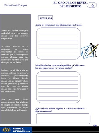 Dirección de Equipos
120
pwc
RECURSOS
Anota los recursos de que dispondrías en el juego:
9
____________________________________
____________________________________
____________________________________
____________________________________
____________________________________
____________________________________
____________________________________
Identificados los recursos disponibles, ¿Cuáles eran
los más importantes en vuestro equipo?
____________________________________
____________________________________
____________________________________
____________________________________
____________________________________
____________________________________
____________________________________
¿Qué criterio habéis seguido a la hora de eliminar
algunos recursos?
Antes de iniciar cualquier
actividad es preciso conocer
cuáles son los recursos
disponibles.
A veces, dentro de la
empresa, no somos
conscientes de todos los
recursos que el banco pone a
nuestro alcance para que
realicemos nuestra tarea con
el mayor de los éxitos.
Incluso, en el día a día de
nuestra oficina es necesario
conocer perfectamente,
hasta el último detalle,
cuáles son las características
de los productos y servicios
que la empresa oferta,
cuáles son sus fortalezas y
sus debilidades.
Sólo de esta forma
conseguiremos dar al cliente
lo mejor al mismo tiempo
que obtenemos la mejor
rentabilidad para el banco.
EL ORO DE LOS REYES
DEL DESIERTO
 