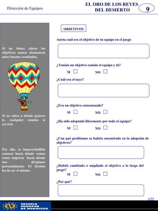 Dirección de Equipos
122
pwc
OBJETIVOS
Anota cuál era el objetivo de tu equipo en el juego
9
¿Teníais un objetivo común el equipo y tú?
¿Por qué?
Si no tienes claros los
objetivos nunca alcanzarás
unos buenos resultados.
Si no sabes a dónde quieres
ir, cualquier camino te
servirá.
Por ello, es imprescindible
conocer hacia dónde vamos
como empresa hacia dónde
nos dirigimos
personalmente. El destino
ha de ser el mismo.
EL ORO DE LOS REYES
DEL DESIERTO
SI NO
¿Cuál era el tuyo?
¿Era un objetivo consensuado?
SI NO
¿Ha sido adoptado libremente por todo el equipo?
SI NO
¿Con qué problemas os habéis encontrado en la adopción de
objetivos?
¿Habéis cambiado o ampliado el objetivo a lo largo del
juego?
SI NO
 