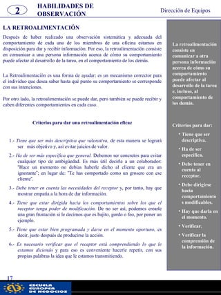 LA RETROALIMENTACIÓN
Después de haber realizado una observación sistemática y adecuada del
comportamiento de cada uno de los miembros de una oficina estamos en
disposición para dar y recibir información. Por eso, la retroalimentación consiste
en comunicar a una persona información acerca de cómo su comportamiento
puede afectar al desarrollo de la tarea, en el comportamiento de los demás.
La Retroalimentación es una forma de ayudar; es un mecanismo corrector para
el individuo que desea saber hasta qué punto su comportamiento se corresponde
con sus intenciones.
Por otro lado, la retroalimentación se puede dar, pero también se puede recibir y
caben diferentes comportamientos en cada caso.
Criterios para dar una retroalimentación eficaz
1.- Tiene que ser más descriptiva que valorativa, de esta manera se logrará
ser más objetivo y, así evitar juicios de valor.
2.- Ha de ser más específica que general. Debemos ser concretos para evitar
cualquier tipo de ambigüedad. Es más útil decirle a un colaborador:
“Hace un momento no debías haberle dicho al cliente que era un
ignorante”; en lugar de: “Te has comportado como un grosero con ese
cliente”.
3.- Debe tener en cuenta las necesidades del receptor y, por tanto, hay que
mostrar empatía a la hora de dar información.
4.- Tiene que estar dirigida hacia los comportamientos sobre los que el
receptor tenga poder de modificación. De no ser así, podemos crearle
una gran frustación si le decimos que es bajito, gordo o feo, por poner un
ejemplo.
5.- Tiene que estar bien programada y darse en el momento oportuno, es
decir, justo después de producirse la acción.
6.- Es necesario verificar que el receptor está comprendiendo lo que le
estamos diciendo y para eso es conveniente hacerle repetir, con sus
propias palabras la idea que le estamos transmitiendo.
La retroalimentación
consiste en
comunicar a otra
persona información
acerca de cómo su
comportamiento
puede afectar al
desarrollo de la tarea
e, incluso, al
comportamiento de
los demás.
Criterios para dar:
• Tiene que ser
descriptiva.
• Ha de ser
específica.
• Debe tener en
cuenta al
receptor.
• Debe dirigirse
hacia
comportamiento
s modificables.
• Hay que darla en
el momento.
• Verificar.
• Verificar la
comprensión de
la información.
HABILIDADES DE
OBSERVACIÓN2
17
Dirección de Equipos
pwc
 
