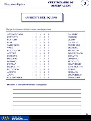34
CUESTIONARIO DE
OBSERVACIÓN
3Dirección de Equipos
AMBIENTE DEL EQUIPO
Marque la cifra que esté más cercana a sus impresiones:
ATORMENTADO 1 2 3 4 5 CALMADO
CONTENTO 1 2 3 4 5 ANSIOSO
CONFUSO 1 2 3 4 5 CLARO
FRÍO 1 2 3 4 5 CALIENTE
SATISFECHO 1 2 3 4 5 FRUSTRADO
VAGO 1 2 3 4 5 ENÉRGICO
CONECTADO 1 2 3 4 5 SEPARADO
APÁTICO 1 2 3 4 5 INVOLUCRADO
CERCANO 1 2 3 4 5 DISTANTE
INSEGURO 1 2 3 4 5 CONFIADO
DESEOSO 1 2 3 4 5 RETICENTE
INCAPAZ 1 2 3 4 5 COMPETENTE
PRODUCTIVO 1 2 3 4 5 IMPRODUCTIVO
PROTEGIDO 1 2 3 4 5 DE FIAR
ABIERTO 1 2 3 4 5 CERRADO
APOYO 1 2 3 4 5 COMPETITIVO
CONSERVADOR 1 2 3 4 5 INNOVADOR
Describir el ambiente observado en el equipo:
pwc
 