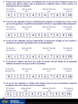 58
16. Si uno de mis empleados estuviese abiertamente en desacuerdo conmigo en una reunión, le
alentaría para que diera más detalles sobre su disconformidad.
En absoluto Algo parecido Bastante Parecido Exactamente
parecido a mí a mí a mí como yo
0
17. Si mi jefe me asignase una tarea que, según mi criterio, está por debajo de mi capacidad,
hablaría claramente con él para resolver el problema.
En absoluto Algo parecido Bastante Parecido Exactamente
parecido a mí a mí a mí como yo
0 52 3 41 6 7 8 9 10
18. Si uno de mis empleados se rebelase sobre algunos temas de poca trascendencia, intentaría
preguntarle más acerca del por qué de su desencanto.
En absoluto Algo parecido Bastante Parecido Exactamente
parecido a mí a mí a mí como yo
0 1 2 3 4 5 6 7 8 9 10
0 92 3 4 5 6 7 81 10
15. Si uno de mis empleados estuviese considerado para asignarle un trabajo para el que yo creo
que no está capacitado, le manifestaría mi opinión al directivo responsable de dicha asignación.
En absoluto Algo parecido Bastante Parecido Exactamente
parecido a mí a mí a mí como yo
0 1 83 4 5 6 7 92 10
0 1 2 3 4 5 6 7 8 9 10
9. Si tuviese que asignar una tarea a un empleado sobre el que me cabe la sospecha de que no le
agrada, pero aquel no dijese nada, le preguntaría al empleado cómo se siente respecto a la
realización de la tarea asignada.
En absoluto Algo parecido Bastante Parecido Exactamente
parecido a mí a mí a mí como yo
pwc
 