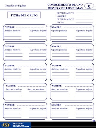 Dirección de Equipos
5
CONOCIMIENTO DE UNO
MISMO Y DE LOS DEMÁS
65
FICHA DEL GRUPO
DEPARTAMENTO
NOMBRE
DEPARTAMENTO
FECHA
NOMBRE
Aspectos positivos Aspectos a mejorar
NOMBRE
Aspectos positivos Aspectos a mejorar
NOMBRE
Aspectos positivos Aspectos a mejorar
NOMBRE
Aspectos positivos Aspectos a mejorar
NOMBRE
Aspectos positivos Aspectos a mejorar
NOMBRE
Aspectos positivos Aspectos a mejorar
NOMBRE
Aspectos positivos Aspectos a mejorar
NOMBRE
Aspectos positivos Aspectos a mejorar
NOMBRE
Aspectos positivos Aspectos a mejorar
NOMBRE
Aspectos positivos Aspectos a mejorar
pwc
 