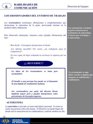 HABILIDADES DE
COMUNICACIÓN6 Dirección de Equipos
72
Los comentarios o acciones
negativas deterioran el
sentimiento de autoestima,
el interés por el trabajo y
la motivación.
LOS EROSIONADORES DEL ENTORNO DE TRABAJO
Los erosionadores constituyen afirmaciones y comportamientos que
desmoronan la autoestima de la gente, provocando mermas en la
productividad y dedicación.
Para observarlo claramente, tomemos como ejemplo afirmaciones del
tipo:
Bien hecho. Conseguiste decepcionar al cliente
¡Un informe increíble! Por cierto, ¿no trabajarás para la
competencia?
No eres capaz de dejar ordenado tu escritorio ni siquiera por un
día..
¡¡¡ RECUERDE!!!
La labor de los erosionadores es lenta pero
acumulativa
El hundir a una persona hoy puede ser el detonante
de una bajada de rendimiento mañana.
Los erosionadores por parte del director llevan
implícito mayor peso y pueden interpretarse como
provenientes de la propia empresa..
AUTOESTIMA
La autoestima es privada, un tema individual y personal. Es cómo se
siente una persona sobre ella misma. El Directivo no puede llegar allí
donde está la autoestima de los colaboradores y realizar cambios en ella.
Un erosionador es algo
dicho o hecho a alguien que
desgasta su satisfacción y
rendimiento.
pwc
 