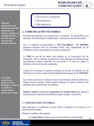 Dirección de Equipos
77
pwc
HABILIDADES DE
COMUNICACIÓN 6
Podemos
asegurarnos una
impresión favorable
mostrando un
aspecto cuidado, un
atuendo discreto, y
evitando signos
externos que
puedan molestar.
Los gestos,
expresiones y
postura son un
indicador exacto de
su grado de
comprensión e
interés por el tema.
2. COMUNICACIÓN NO VERBAL
Se define precisamente en contraposición a la anterior. El significado de los
mensajes está directamente condicionado o varía por los efectos del sonido.
Con el cuadrante correspondiente a NO PALABRAS - SI SONIDO,
queremos expresar cómo el contenido verbal varía, dependiendo de las
cualidades vocales que pongamos en juego al exponerlo.
La VOZ es una de las armas más potentes en la transmisión oral de
contenidos. De su volumen, entonación y ritmo dependen el entusiasmo que
manifestamos, nuestra capacidad de convicción y el éxito en captar la
atención e interés de nuestros empleados.
Cuando nos centramos en aquellos mensajes en los que las palabras no son
relevantes y no existe sonido estamos hablando del lenguaje de los GESTOS.
Las manos, la postura, el contacto visual, el movimiento; matizan, refuerzan o
diluyen nuestro mensaje verbal creando imágenes en nuestro auditorio más
duraderas que las producidas por palabras.
Podemos reducir a cinco los componentes no verbales básico que apoyan y
matizan nuestra exposición dotándola de mayor energía y convicción.
1. Da su motivo o explicación.
2. Da instrucciones.
3. Pide sugerencias.
1. COMUNICACIÓN NO VERBAL
Debe adecuarse a la audiencia a la que vamos a dirigirnos, a la ocasión y a la
naturaleza del mensaje.
Podemos considerar dos aspectos:
Los rasgos físicos, sobre los que nuestro control es muy limitado.
Podemos
asegurarnos una
impresión favorable
mostrando un
aspecto cuidado, un
atuendo discreto, y
evitando signos
externos que
puedan molestar.
Los gestos,
expresiones y
postura son un
indicador exacto de
su grado de
comprensión e
interés por el tema.
 