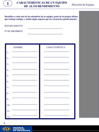 Identifica a cada uno de los miembros de tu equipo, gente de tu propia oficina
que trabajo contigo, y señala algún aspecto que los caracterice positivamente:
DEPARTAMENTO
Nº DE MIEMBROS
NOMBRE CARACTERÍSTICA
1.-
2.-
3.-
4.-
5.-
6.-
7.-
8.-
9.-
10.-
11.-
12.-
CARACTERÍSTICAS DE UN EQUIPO
DE ALTO RENDIMIENTO
1
9
Dirección de Equipos
pwc
 