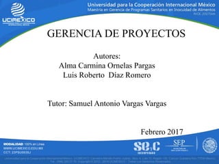 GERENCIA DE PROYECTOS
Autores:
Alma Carmina Ornelas Pargas
Luis Roberto Díaz Romero
Tutor: Samuel Antonio Vargas Vargas
Febrero 2017
 