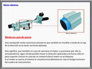 Motor eléctrico
Efectos en caso de avería
Una ventajadel motor asíncrono consiste en que también es movible a través de la caja
de la dirección al no tener corriente aplicada.
Esto significa, que también en caso de averiarse el motor y ausentarse por ello la
servoasistencia, sigue siendo posible mover la dirección aplicando una fuerza sólo un
poco superior. Incluso en caso de un cortocircuito el motor no se bloquea.
Si el motor se avería,el sistema lo visualiza encendiéndoseen rojo el testigo luminoso
del cuadro de instrumentos
 