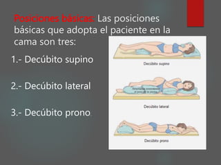Posiciones básicas: Las posiciones
básicas que adopta el paciente en la
cama son tres:
1.- Decúbito supino
2.- Decúbito lateral
3.- Decúbito prono.
 