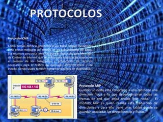 Protocolo ICMP.

Como hemos dicho el protocolo IP no tiene ningún mecanismo
para enviar mensajes de errores en las transmisiones de datos.
Los recursos para esta tarea los pone el Protocolo para Mensajes
de Control de Internet que se utiliza para informar de errores en
el proceso de los datagramas y proporciona los recursos
necesarios para el tráfico de mensajes administrativos y de
estado, siendo usado también como herramienta de diagnóstico.




                                                      Protocolo ARP
                                                      Cuando un nodo está conectado a una red tiene una
                                                      dirección física a la que deben dirigirse todas las
                                                      tramas de red que deba recibir este nodo.        El
                                                      módulo ARP es quien realiza esta traducción de
                                                      direcciones y para ello tiene unas tablas donde se
                                                      guardan asociadas las direcciones ip y físicas.
 