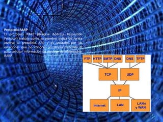 Protocolo RARP
El protocolo RARP (Reverse Address Resolution
Protocol) trabaja como su nombre indica de forma
inversa al protocolo ARP y es utilizado por las
estaciones que no conocen su propia dirección IP
para solicitar información de servidor de información
RARP.
 
