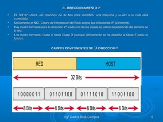 Ingº Carlos Rios CamposIngº Carlos Rios Campos 99
EL DIRECCIONAMIENTO IPEL DIRECCIONAMIENTO IP
 El TCP/IP utiliza una dirección de 32 bits para identificar una máquina y la red a la cual estáEl TCP/IP utiliza una dirección de 32 bits para identificar una máquina y la red a la cual está
conectada.conectada.
 Unicamente el NIC (Centro de Información de Red) asigna las direcciones IP (o Internet).Unicamente el NIC (Centro de Información de Red) asigna las direcciones IP (o Internet).
 Hay cuatro formatos para la dirección IP, cada uno de los cuales se utiliza dependiendo del tamaño deHay cuatro formatos para la dirección IP, cada uno de los cuales se utiliza dependiendo del tamaño de
la red.la red.
 Los cuatro formatos, Clase A hasta Clase D (aunque últimamente se ha añadido la Clase E para unLos cuatro formatos, Clase A hasta Clase D (aunque últimamente se ha añadido la Clase E para un
futuro).futuro).
CAMPOS COMPONENTES DE LA DIRECCION IPCAMPOS COMPONENTES DE LA DIRECCION IP
 